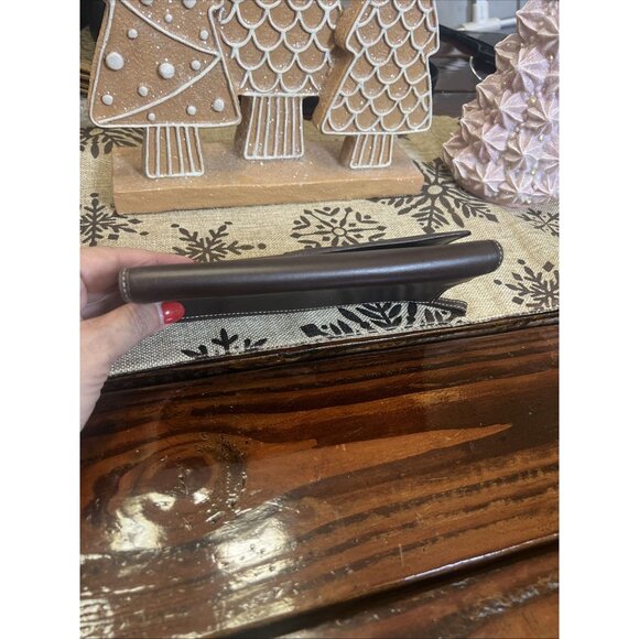 COACH Brown 8" Trifold Leather White Stitching Wallet Snap Closure - Picture 5 of 12